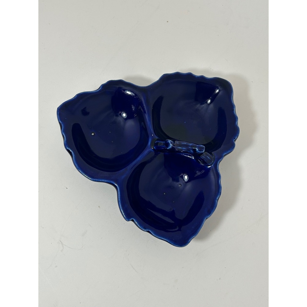 Cobalt Blue Ceramic Triple Leaf Divided Serving Dish with Twig Handle - Picture 2 of 6